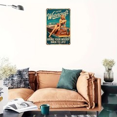 Vintage Tin Metal Sign Pinup Girl on Classic Boat Watercraft Retro 8×12