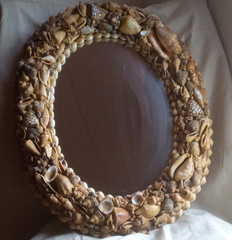 Vintage Oval Seashell Frame Wall Mirror 19×15 in Brown/Beige Wood Vintage Beach