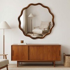 36 in Wavy Mirror, Round Solid Wood Frame Decorative Mirror For Bathroom Hotel