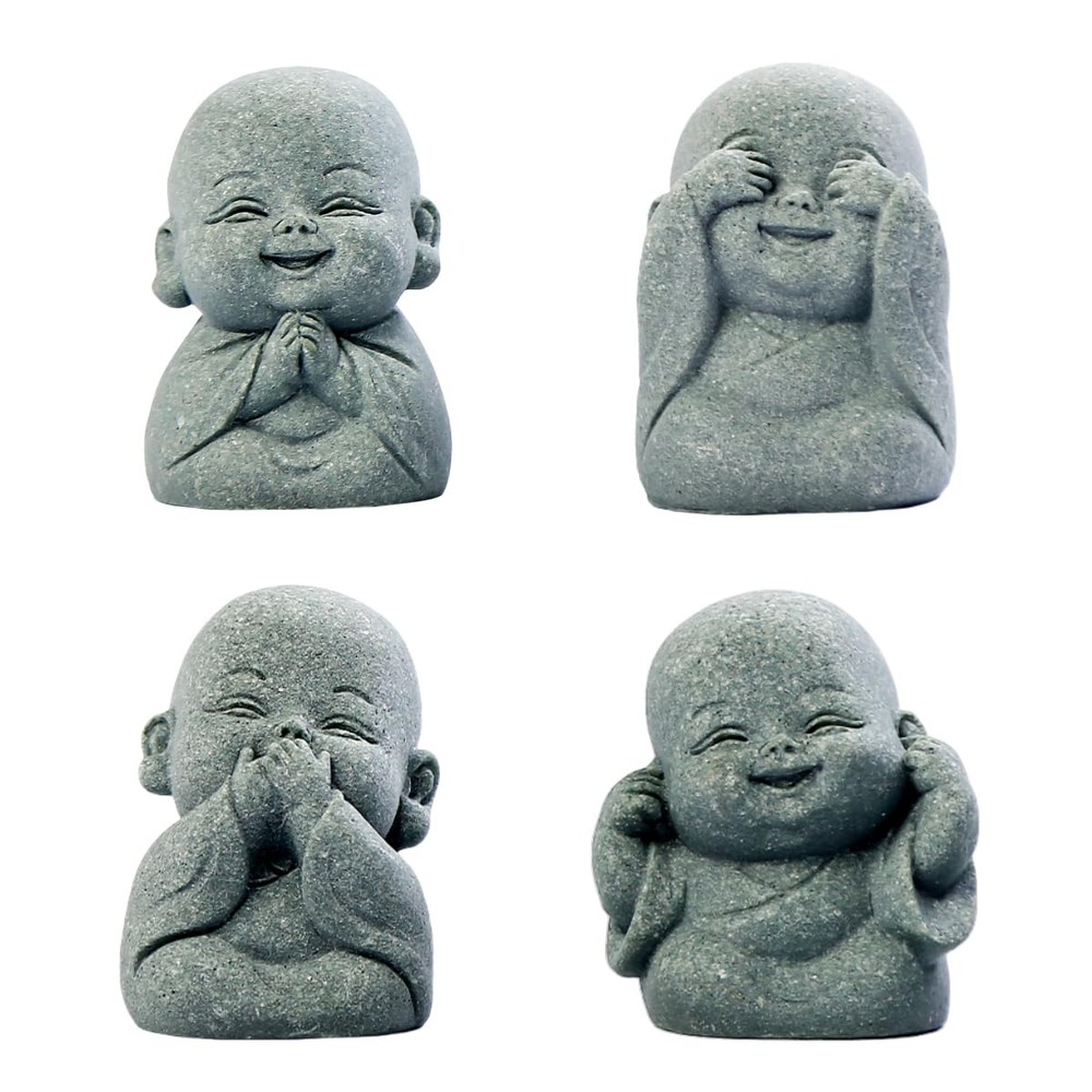 4-in-1 Laughing Buddha Statue Decor Set Small Zen Monk Sandstone Buddha Sculp…