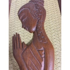 Vintage Mid Century Thai Wood Carved Wall Art Set 2 Praying Woman Mirrored