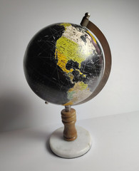 Vintage Small Desk Globe Black Oceans Yellow Continents Marble Base Wooden Stand