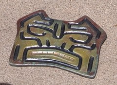 Raku Ceramic Totem Face Picture Tribal Canada Iridescent Green Copper Tiki