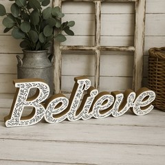 Believe Floral Wooden Wall Sign – Inspirational Word Rustic Spiritual Boho Décor