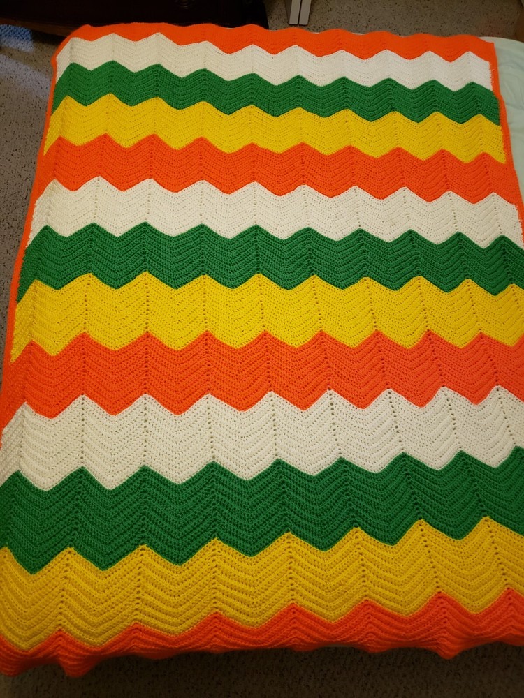 Afghan Handmade Crochet Zig Zag Chevron Stripe Throw Blanket 46″x63″ Bright