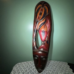 Haiti Wooden Carved Tribal Mask Palm Trees And Fish 26 Inches Colorful