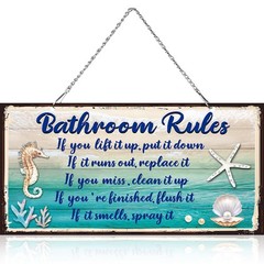 Seashell Bathroom Rules Decor Signs Wall Ocean 12 x 6 Inches, Blue and White