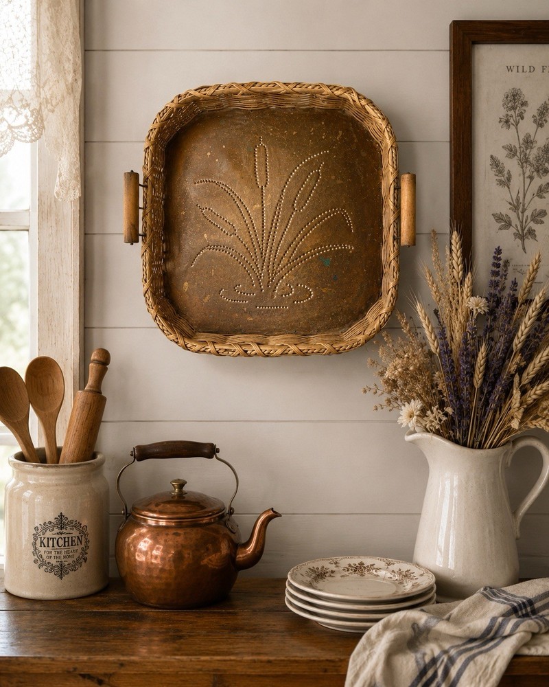 Vintage Copper Wicker Wall Pocket Cottage Basket Cattail Farmhouse Country Decor