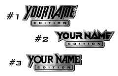Car badge CUSTOM TEXT «EDITION» Emblem, Car emblem BRUSHED SILVER Text Name Logo