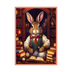 Cozy Librarian Bunny Accent Print 5″ x 7″ Old Fashioned Rabbit, A2
