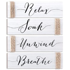 4 Pieces Farmhouse White Bathroom Decor Wall Art Bathroom Sign with Hemp Rope…