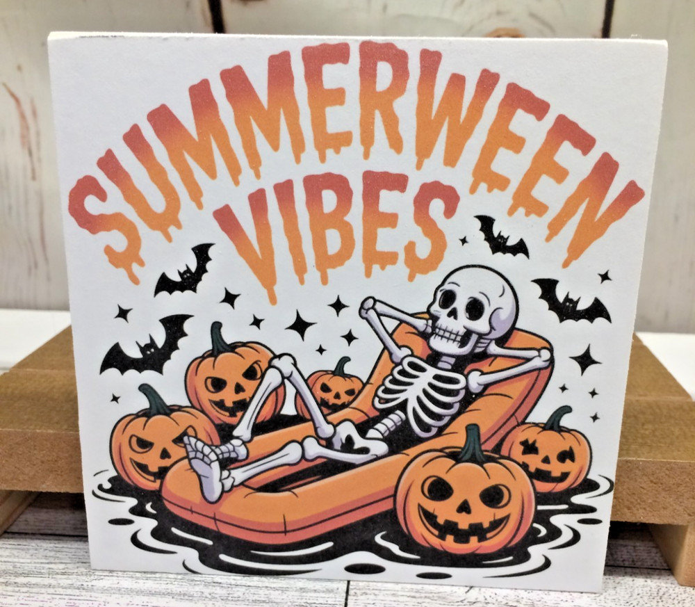 SUMMERWEEN VIBES Skeleton & Pumpkins Mini Sign Sitter Tiered Tray Decoration