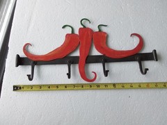 1990s Rustic Handcrafted Solid Wrought Iron Chili Pepper Wall Hook Rack