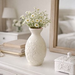 Sandra Magsamen Cream Embossed Rose Ceramic Vase Pink Interior Floral Decor