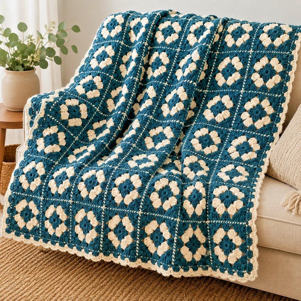 Handmade Crochet Granny Square Throw Blanket 50″ x 60″ Teal & Cream Vintage