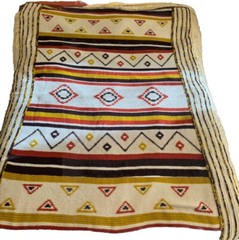 VTG Aztec Southwest Afghan Blanket Knitted Tan Beige Reversible Woven 78 X 56”