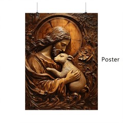 Jesus Good Shepherd Wood Carving Christian Canvas Wall Art Lamb