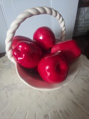 Ceramic Candy Red Apples (7) In White Basket Fruit Embossed Weave Handle