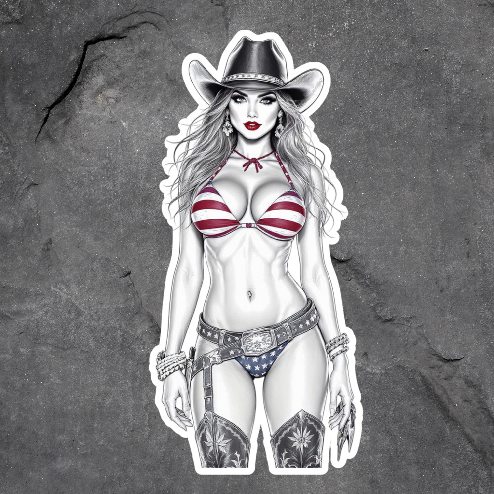 Pinup Girl Sticker Vinyl Decal Bikini Cowgirl Sexy Busty Western Glamour Retro