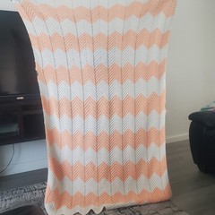 Vintage Peach And White Crocheted Blanket 69in X 42in No Holes