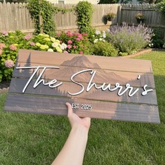 Custom Mountain Family Name Sign – Rustic Wood Wall Decor, Wedding & Gift