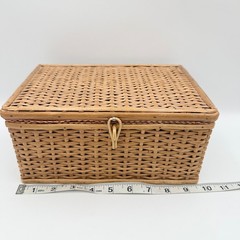 Vintage Wicker Sewing Basket Pink Tufted Satin Lining with Notions Set 10in