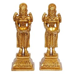 Set of 2 Brass Deep Laxmi Idol Statue Figurine Showpiece Home Decor