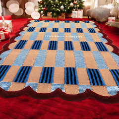 Handmade Checkered Wool Rug Blue Red | Scalloped Geometric Carpet Living Room