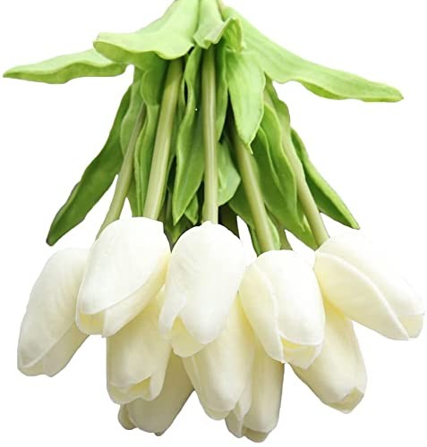 30 pcs Real-Touch Artificial Tulip Flowers Home Wedding Party Décor (Pure White)