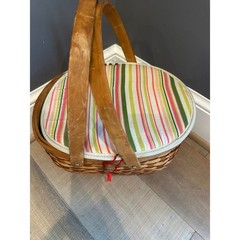 Vintage 1950s 60s Woven Wicker Sewing Basket Striped Fabric Padded Lid Large