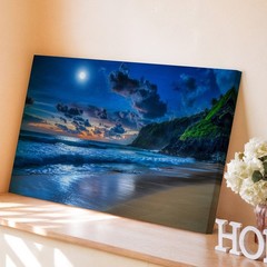 Serene Moonlit Beach Scene At Night, Featuring A Luminous Full Moon Wall Art