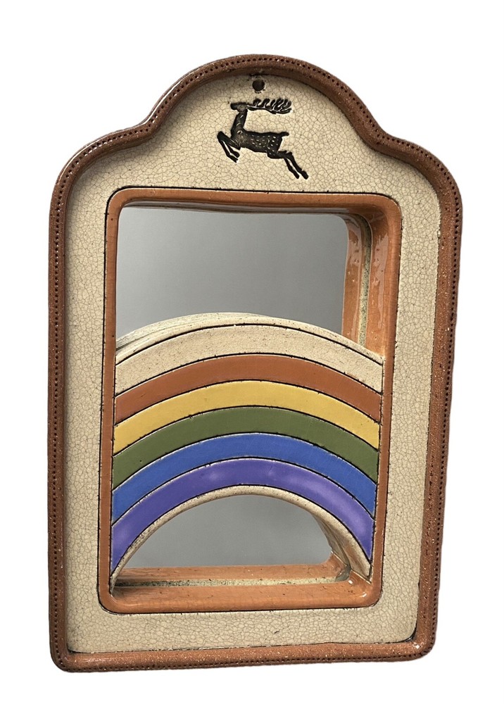 Unique Handmade Boho Wall Mirror Stone, Rainbow, Deer Stamped Wall Decor 9 7/8 T