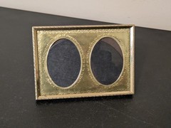 Vintage Metal Gold Tone Double Picture Frame w/Etched Brass Mat Small Brass