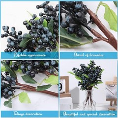 30 Pcs Artificial Blue Berry Stems Bulk, 9.8 Inch Faux Berry Picks with Green