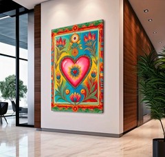 Sacred Heart Mexican Folk Art Canvas Print, Colorful Milagro Style Floral Decor