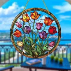 Colorful Tulip Acrylic Suncatcher Home Living Room Round Window Hanging Decor