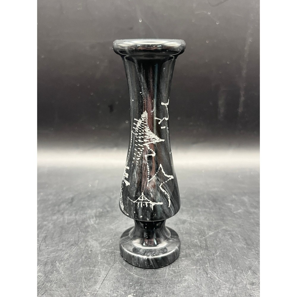 Vintage Black Stone Marble Onyx Bud Vase Carved Oriental Tree Smooth 4.5″ Tall