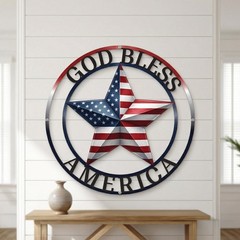 God Bless America Metal Sign, Patriotic Star Door Decor, Rustic 4th July Wreath