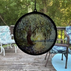 Weeping Willow Tree Stained Glass Style Suncatcher Round Window Hanging Deco