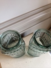 Two Turquoise 3-sided Storage Jars Embossed Design Glass 11.5″