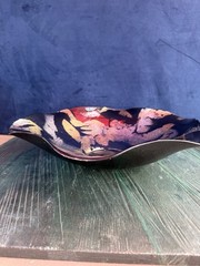 Hand Painted Glass Bowl 12.5″ Art Bowl Made in Turkey W/Tags Blue W/Gold Paint