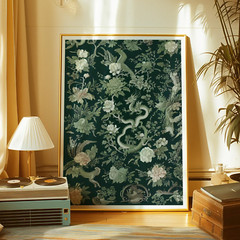 Green Botanical Dragon Chinoiserie Art Print, Framed Chinoiserie Decor Asian Art