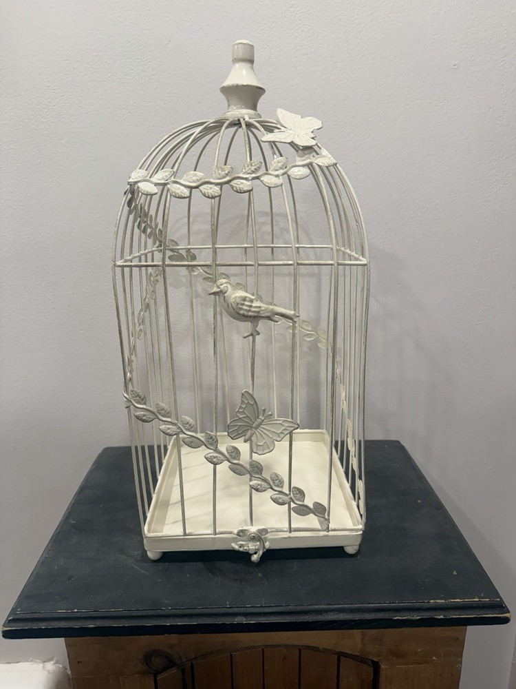 Decorative Metal Bird Cage Rustic Gray White Finish, Hinged Bottom