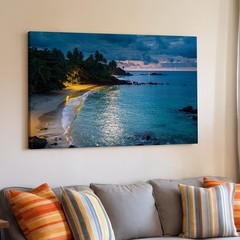 Wall Art Serene Beach Scene At Night, Featuring A Sandy Shoreline Bordered By
