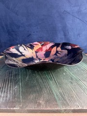 Hand Painted Glass Bowl 12.5″ Art Bowl Made in Turkey W/Tags Blue W/Gold Paint