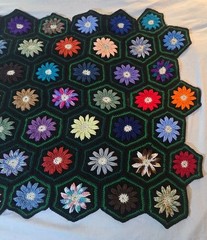 VTG Granny Square Afghan Handmade Crochet Hexie Hexagon Sunflowers 40inx40in