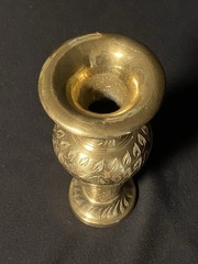 Brass Metal Engraved Floral Trumpet Flower Vase, Gold, 8 in Tall 4 in Wide