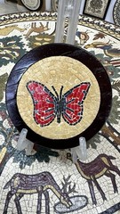 Handmade Madaba Mosaic – Red Butterfly – 10 cm Round – Natural Stone Art Gift