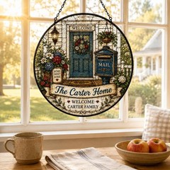 Round Suncatcher, Blue Front Door Mailbox Floral Window Hanging Suncatcher