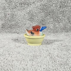 Vintage Duck in Wash Tub Trinket Box Yellow Japan Ceramic Miniature